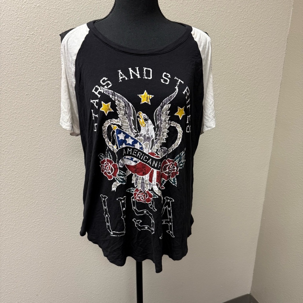 Rock & Republic Americana Eagle Graphic Raglan Tee Black White USA Stars XL - Picture 2 of 9